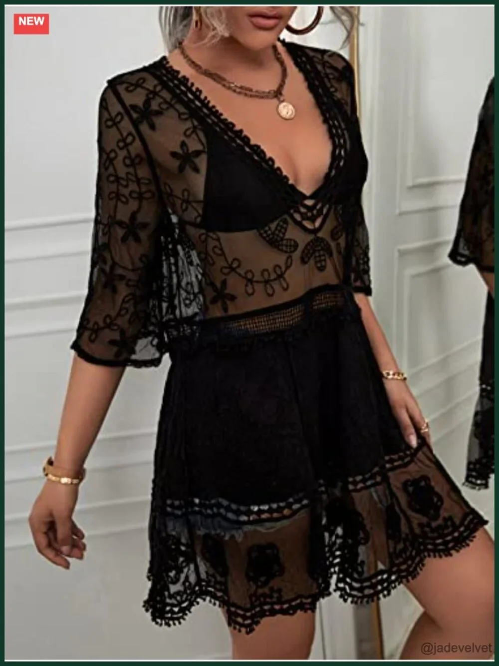 Women's Contrast Lace V-Neck Swimsuit Cover Up Beach Dress Loose Fit 3/4 Sleeve